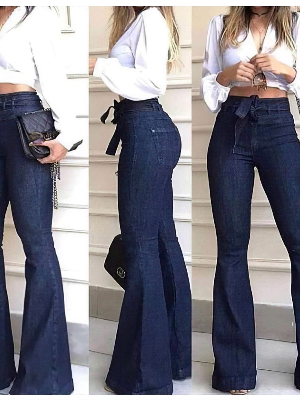 High-Rise Dark Blue Flare Jeans with Self-Tie Waist - NWT Size 2-4